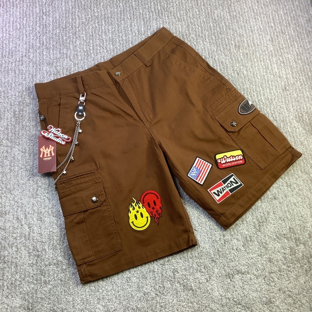 Watson Studios Multi Patch Cargo Work Shorts With Dice Chain Brown Size 34 NWT